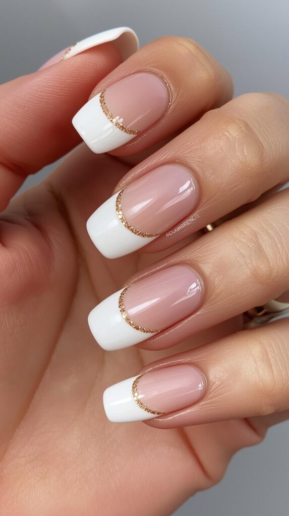 1. Classic White French Tips with Gold Glitter Lining
