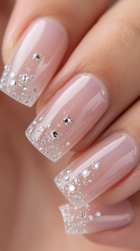 10. Glossy Sheer Nails with Tiny Gems