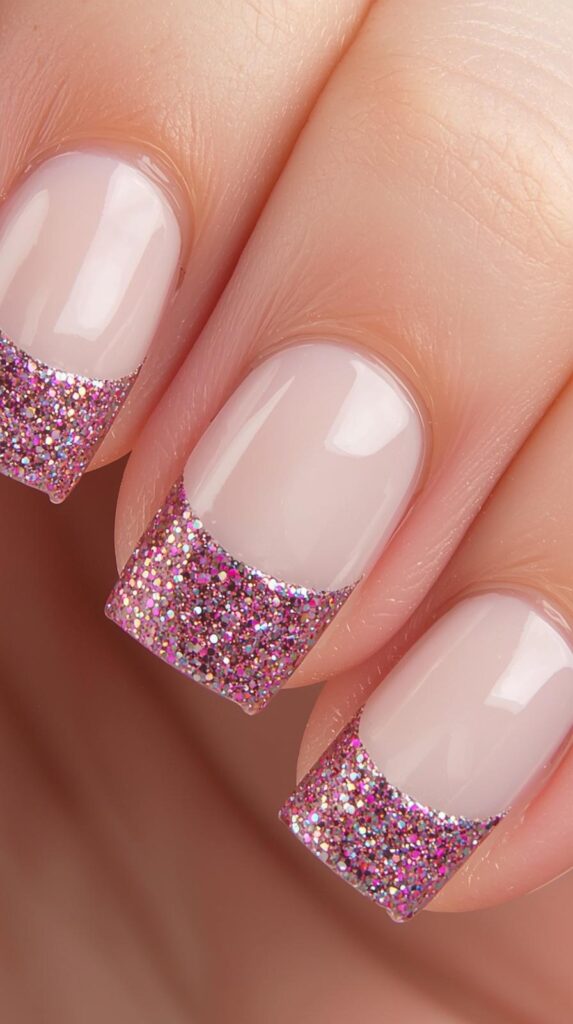 11. French Nails with Multi-Color Glitter Lining