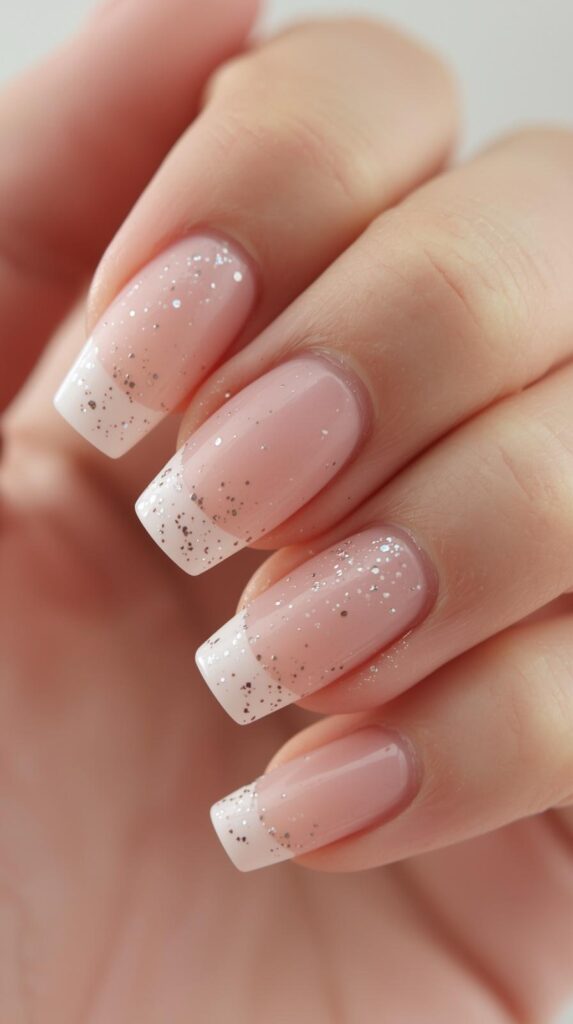 12. Soft Pink French Tips with Glitter Accents