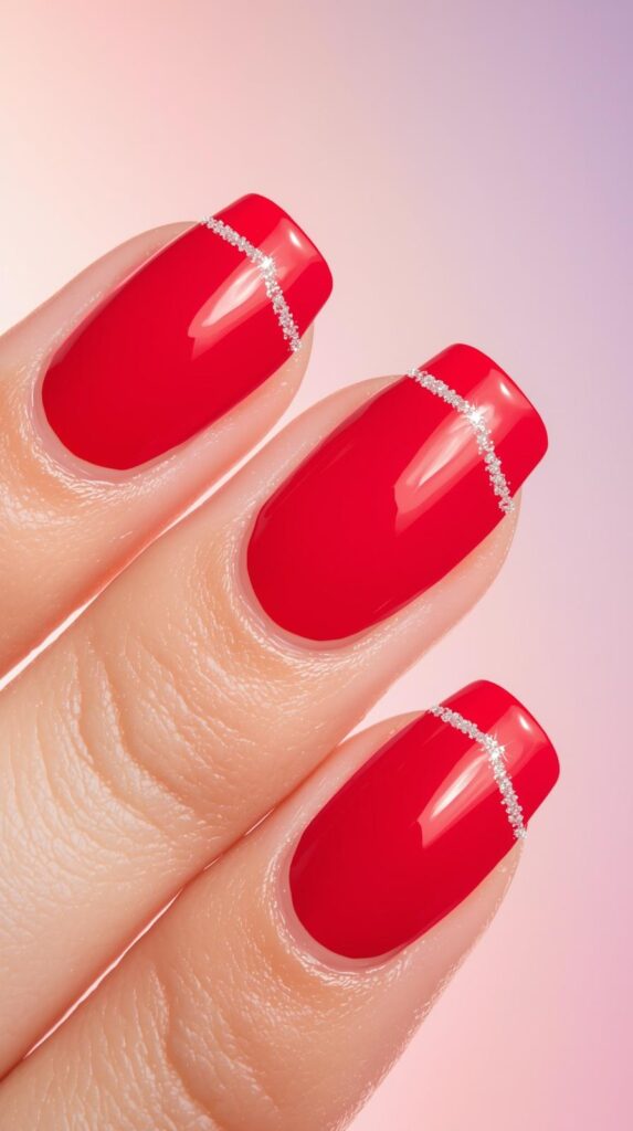 3. Red French Tips with Glitter Lining
