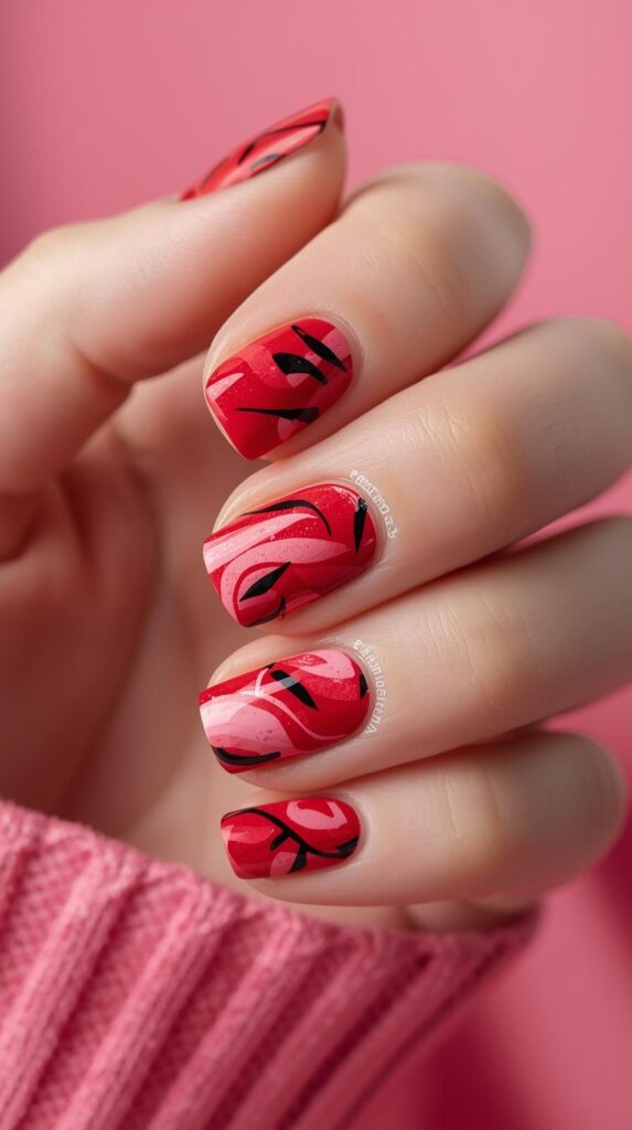 6. Red and Pink Abstract Nail Art