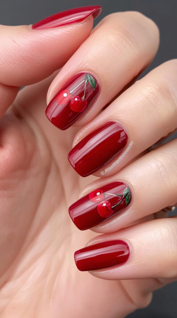 8. Cherry Motif Valentine Nail Art