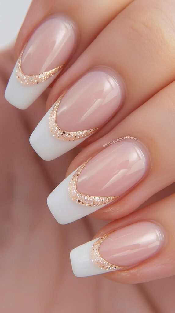 9. Almond-Shaped French Nails with Sparkling Lining
