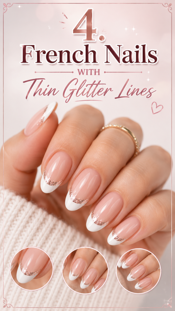 4. Nude French Nails with Thin Glitter Lines