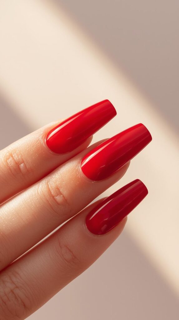 1. Classic Red Coffin Valentine Nails