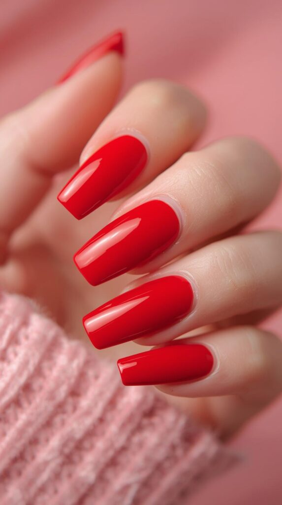 1. Classic Red Long Square Valentine Nails
