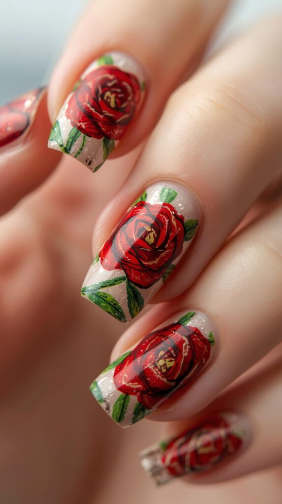 1. Classic Red Rose Nail Art