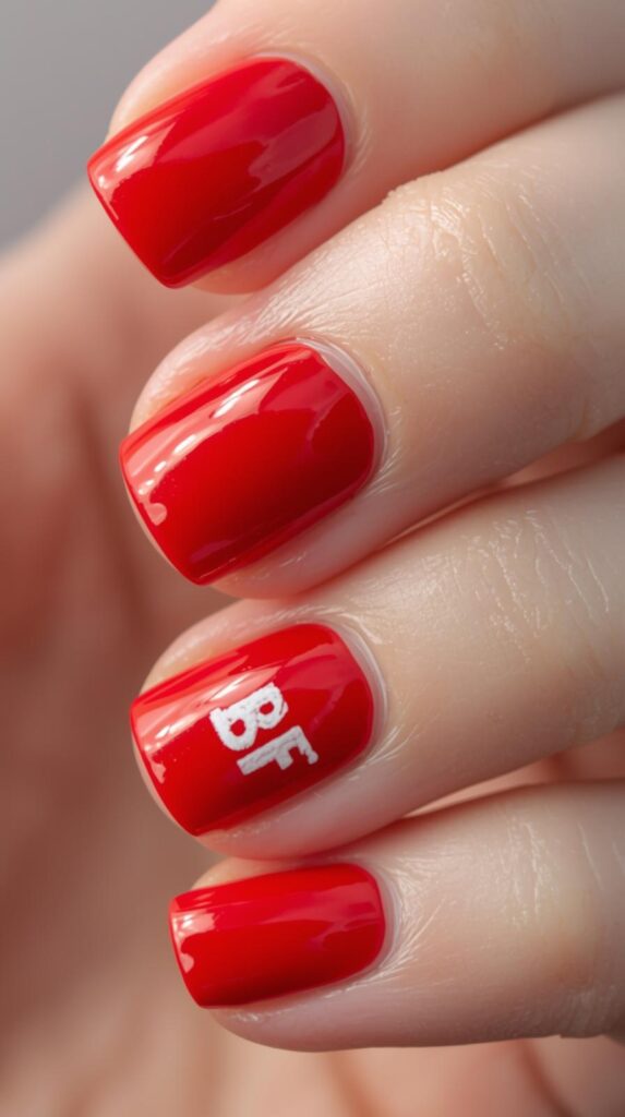 1. Classic Red Valentine Nails With BF Initial