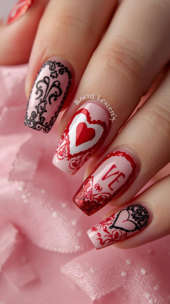 10. Coffin Valentine Nails With Boyfriend Initial