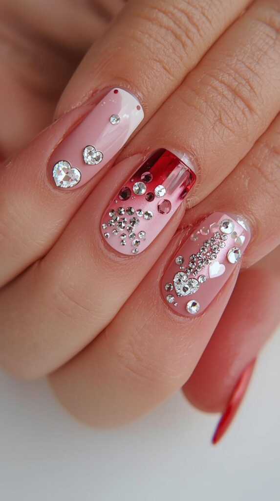 10. Rhinestone Valentine Nails Square