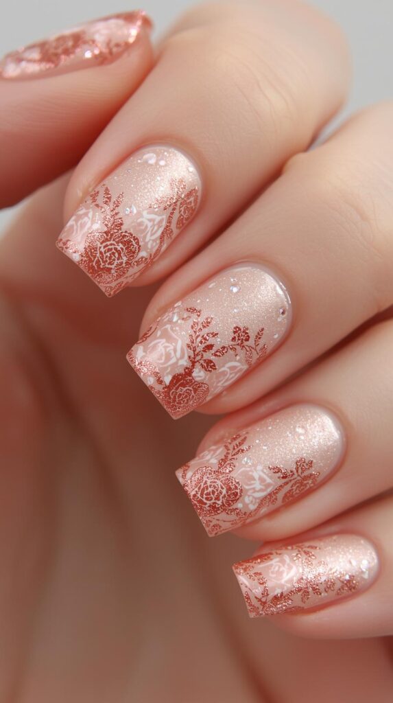 10. Rose Gold Floral Valentine Nails