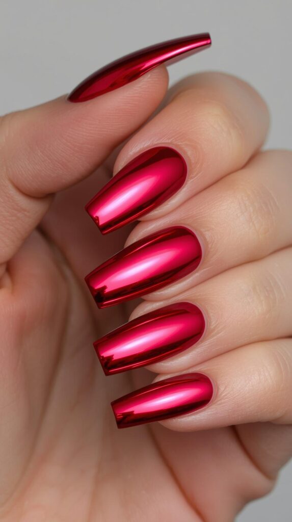 11. Bold Red Chrome Long Square Valentine Nails