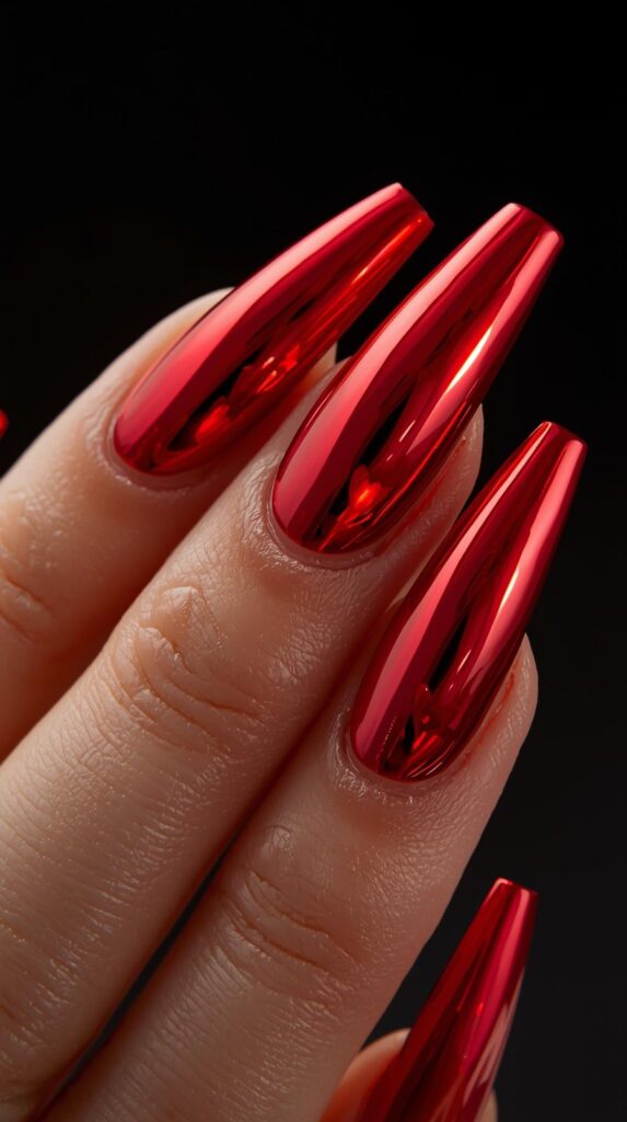 11. Red Chrome Coffin Valentine Nails