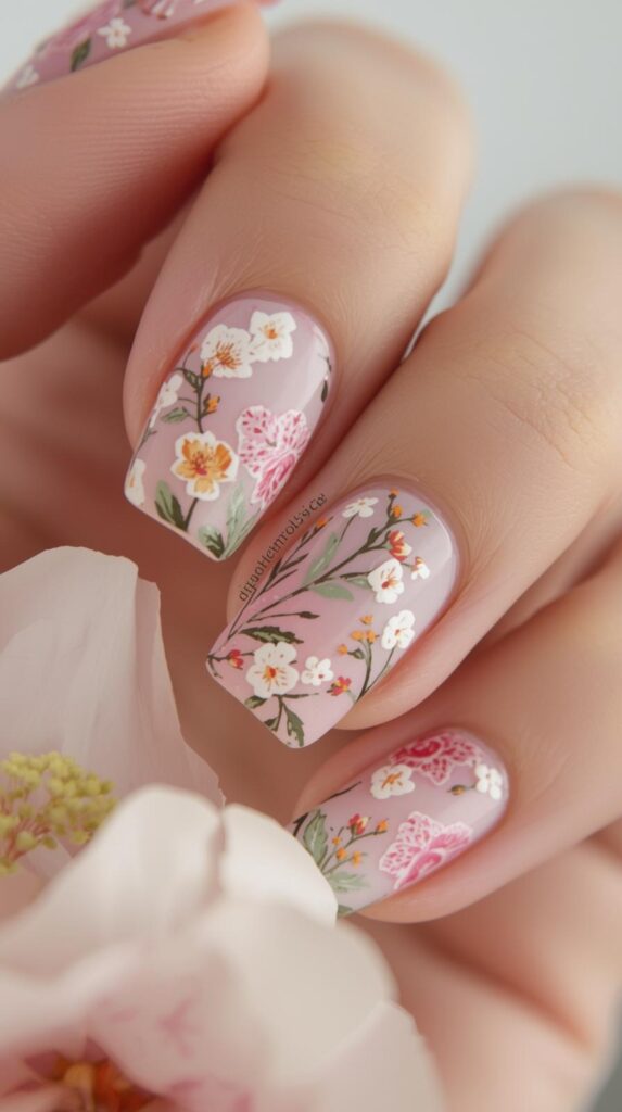 2. Floral Spring Square Nail Designs