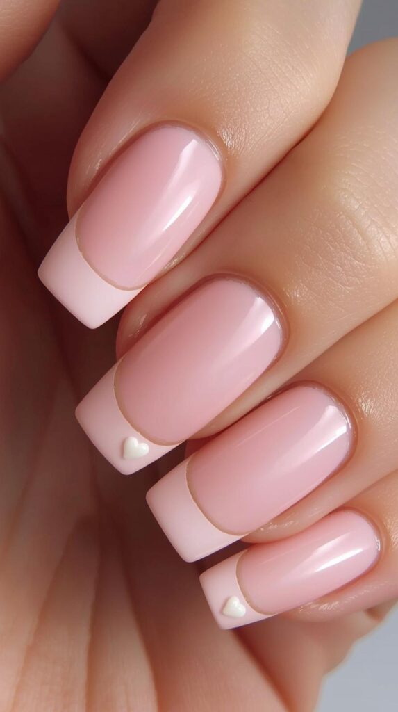 2. Pink French Tip Long Square Nails with Heart Accents