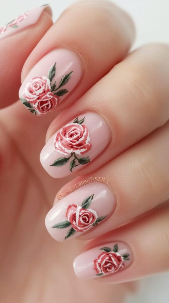 2. Pink Rose Accent Nail Designs