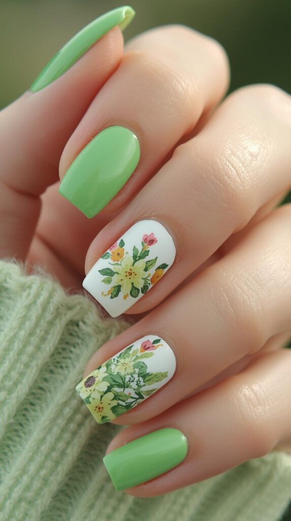3. Floral Green Spring Nails