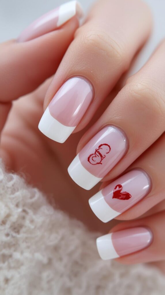 3. French Tip Valentine Nails With BF Initial