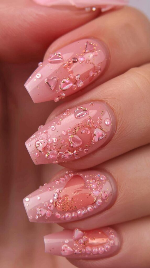 3. Glossy Rose Quartz Valentine Nails