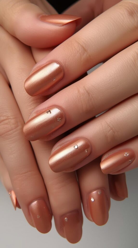 4. Matte Rose Gold Nails with Heart Accents