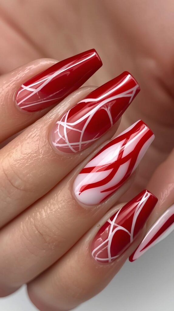 4. Red and White Coffin Nail Designs