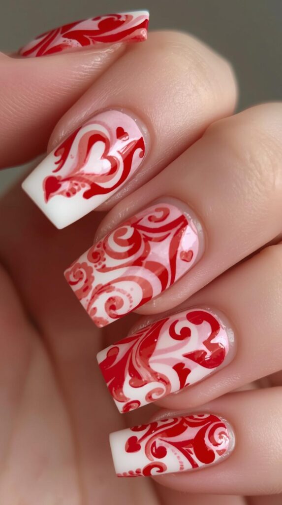 4. Red and White Love-Themed Square Acrylic Nails