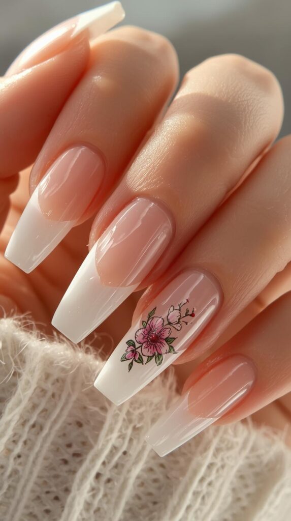 5. French Tip Coffin Spring Nails