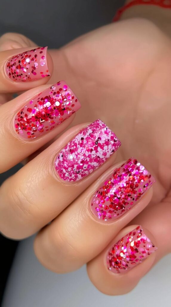 5. Glitter Valentine Day Nails Square