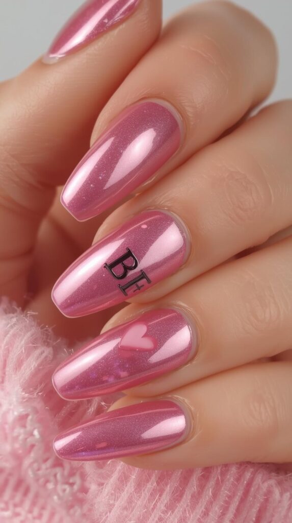 5. Pink Chrome Valentine Nails With BF Initial