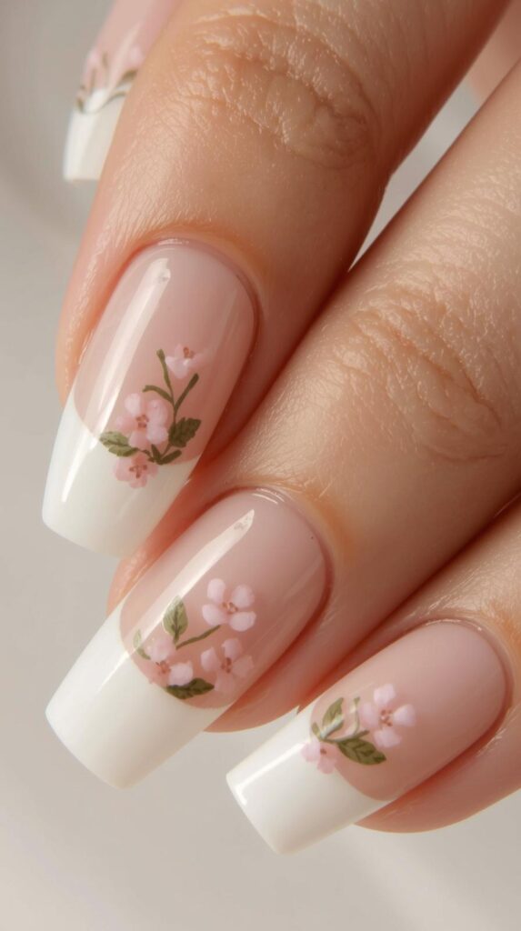 6. French Tip Flower Nails