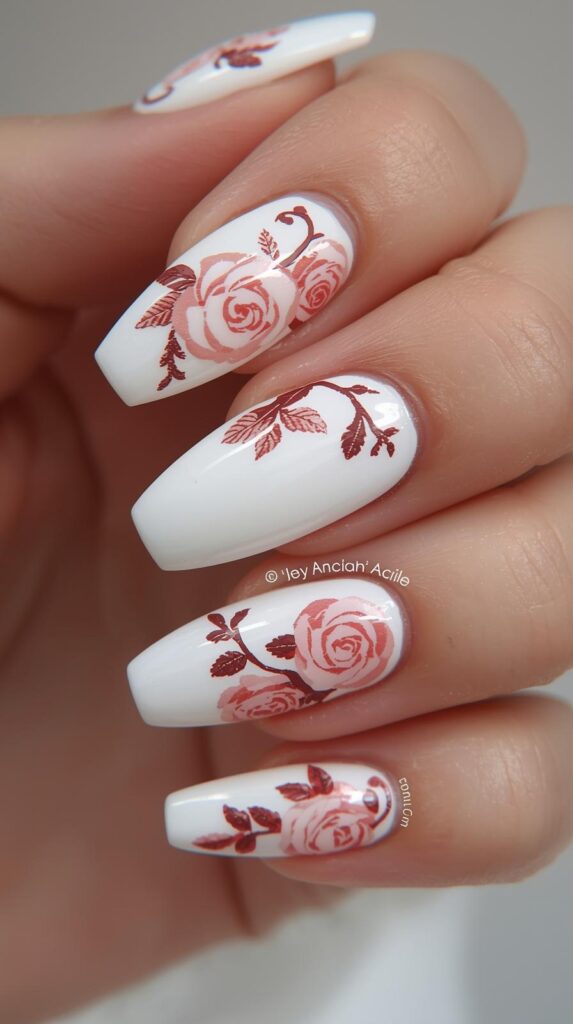 6. White Base Nails with Rose Detailing