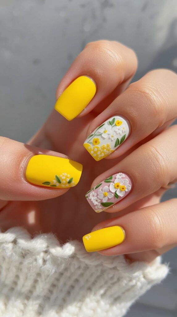 6. Yellow and White Spring Nails