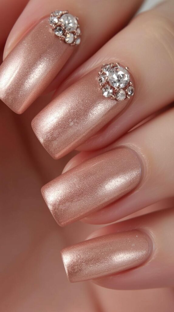 7. Rose Gold Nails with Rhinestones