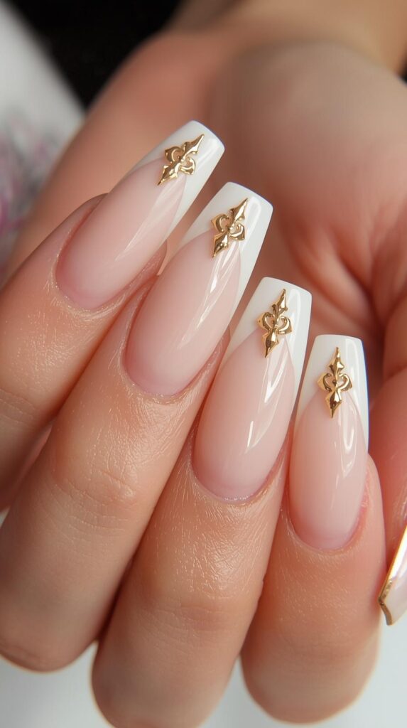 7. Spring Coffin Nails with Gold Accents