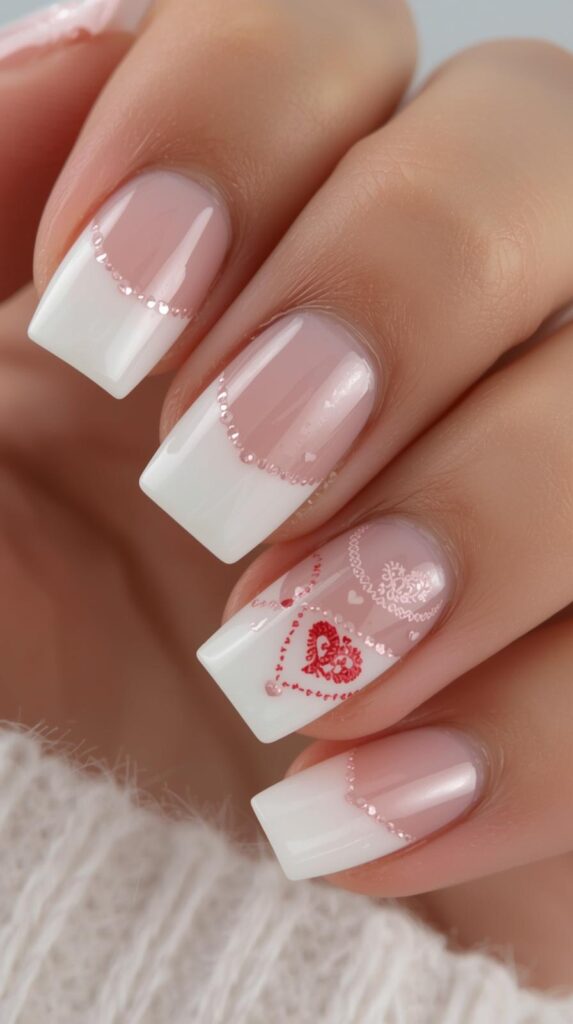 7. White Valentine Day Nails Square