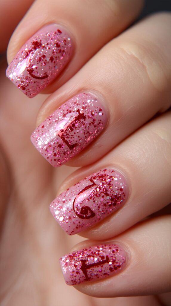 8. Glitter Valentine Nails With Boyfriend Initial