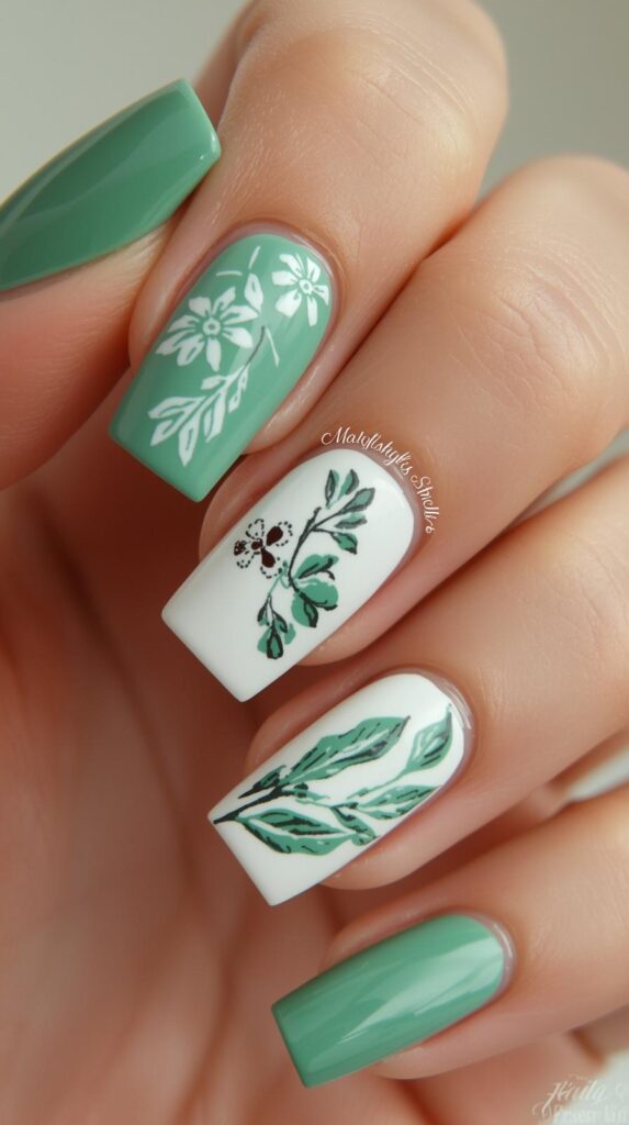 8. Green and White Spring Nail Designs