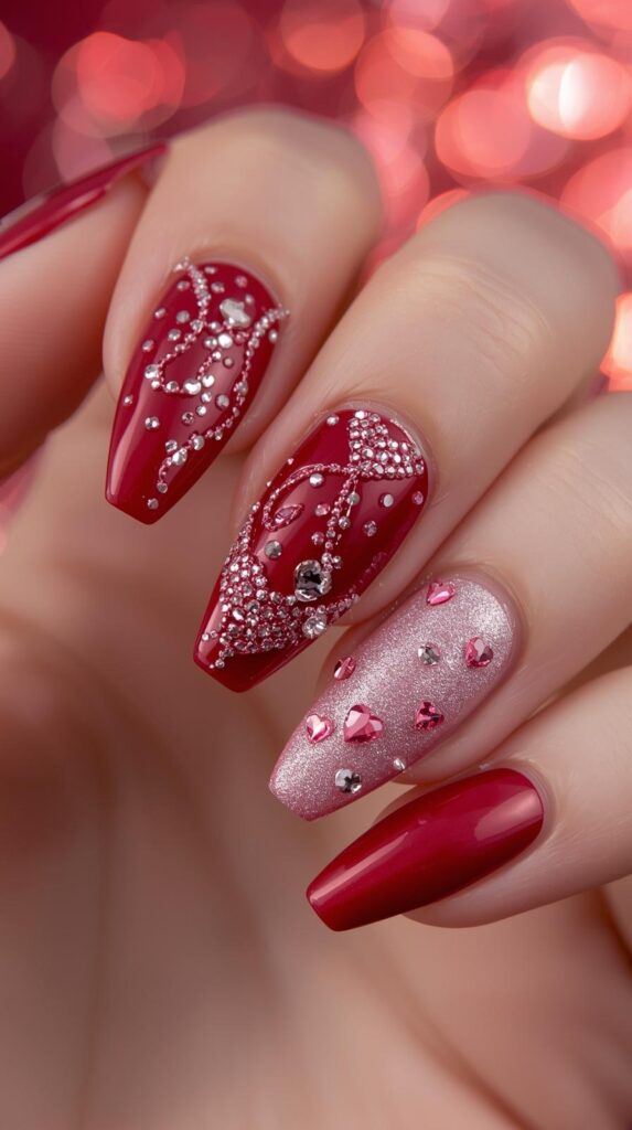 9. Rhinestone Coffin Valentine Nails