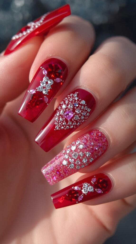 9. Rhinestone Long Square Valentine Nails