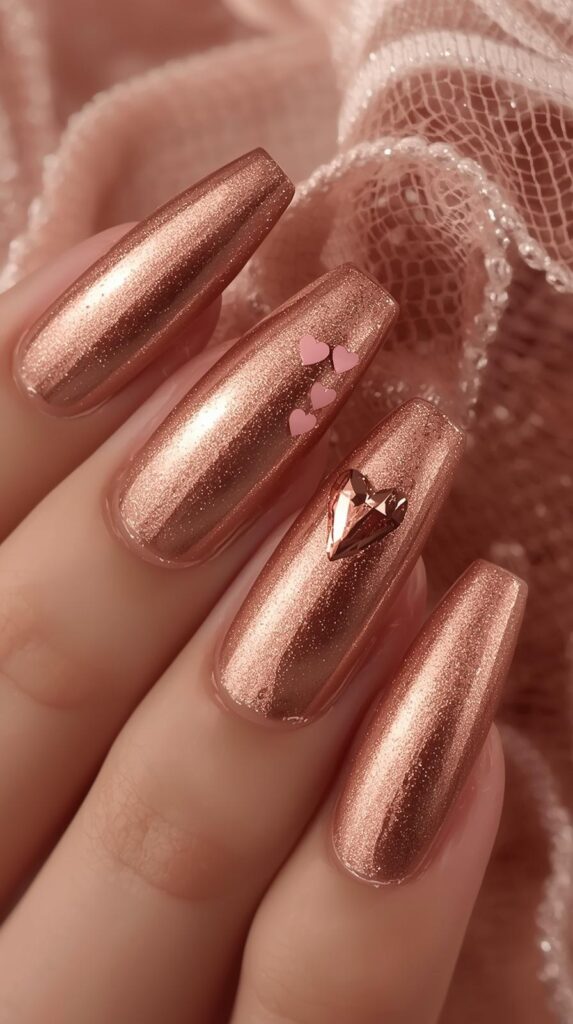 9. Rose Gold Coffin Valentine Nails