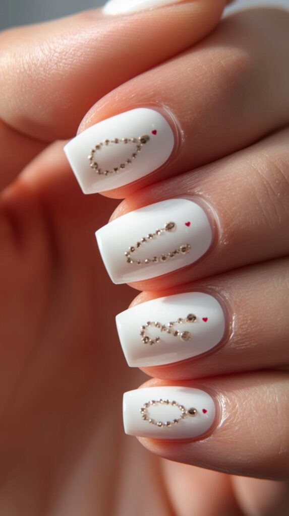 9. White Valentine Nails With BF Initial