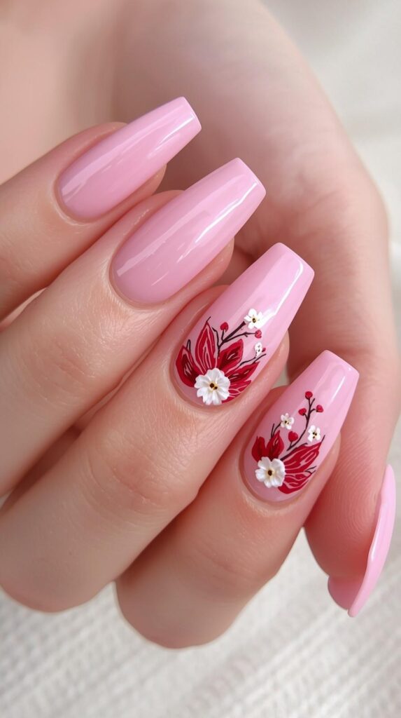 Baby Pink Floral Valentine Nails