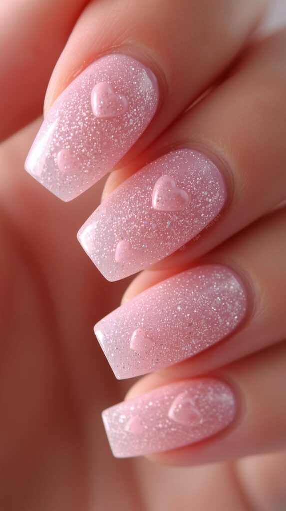 Baby Pink Glitter Valentine Nails