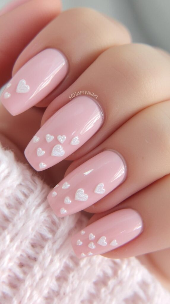 Baby Pink Nails With Heart Accents