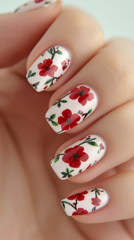 Floral Red Spring Nail Designs