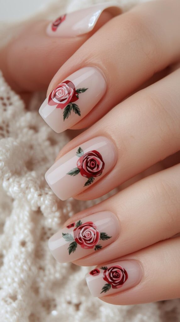 4. Nude Nails with Rose Motifs