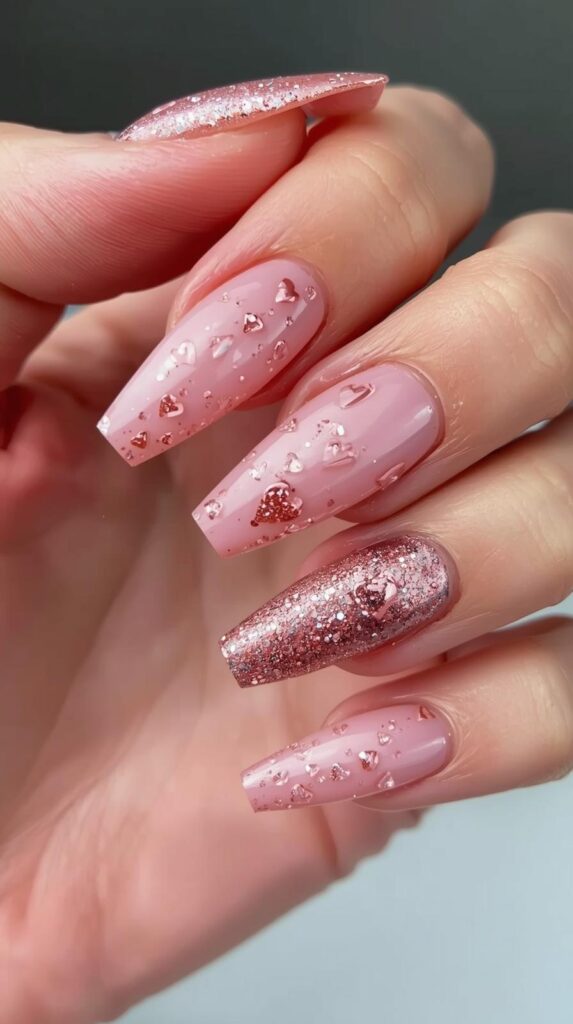 8. Nude and Rose Gold Valentine Nails
