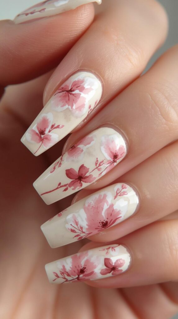 11. Pink Floral Coffin Nails