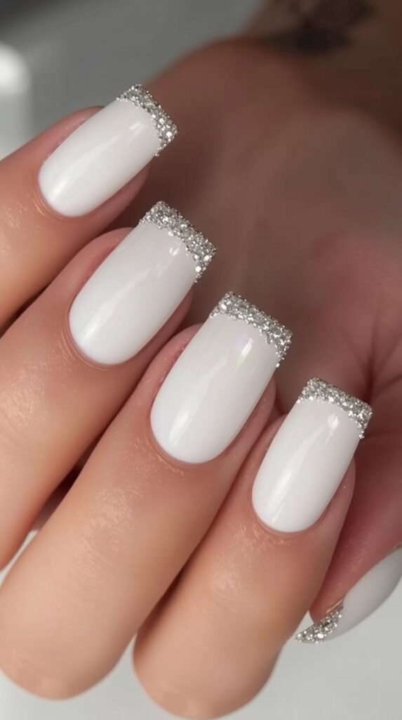 11. White Square Nails with Glitter Tips